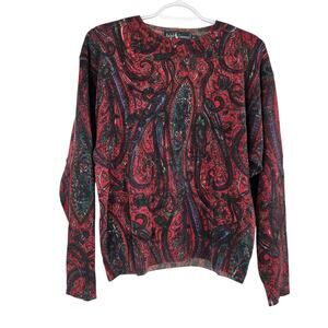 Vintage Ralph Lauren Sweater Red Green Paisley Lambswool Knit Pullover Size M